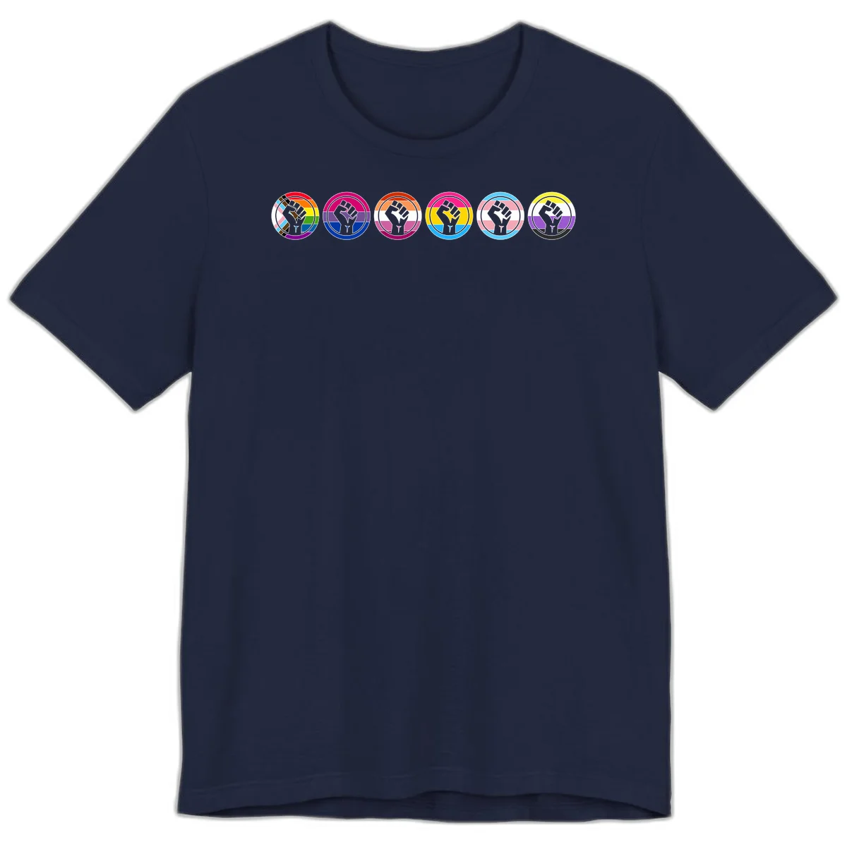 Raised fist symbol surrounded by concentric rainbow pride-colored circular rings representing LGBTQ+ unity and solidarity in Navy