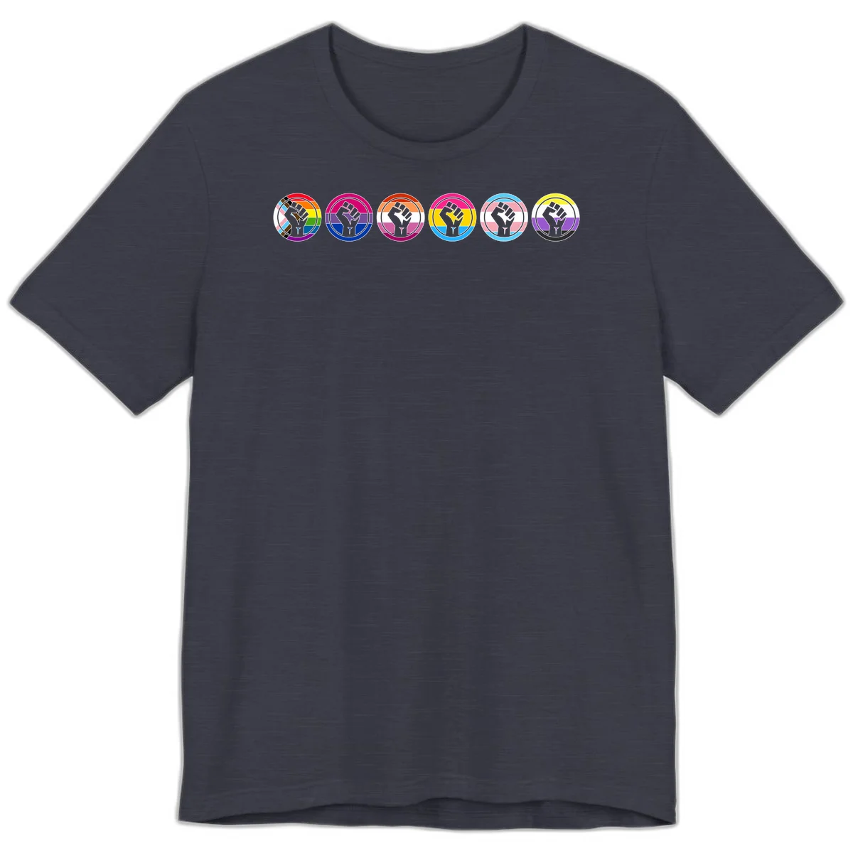 Raised fist symbol surrounded by concentric rainbow pride-colored circular rings representing LGBTQ+ unity and solidarity in Heather Midnight Navy