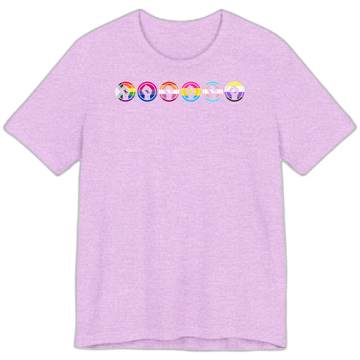 Raised fist symbol surrounded by concentric rainbow pride-colored circular rings representing LGBTQ+ unity and solidarity in Heather Prism Lilac