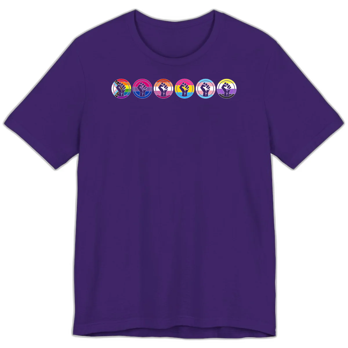 Raised fist symbol surrounded by concentric rainbow pride-colored circular rings representing LGBTQ+ unity and solidarity in Team Purple