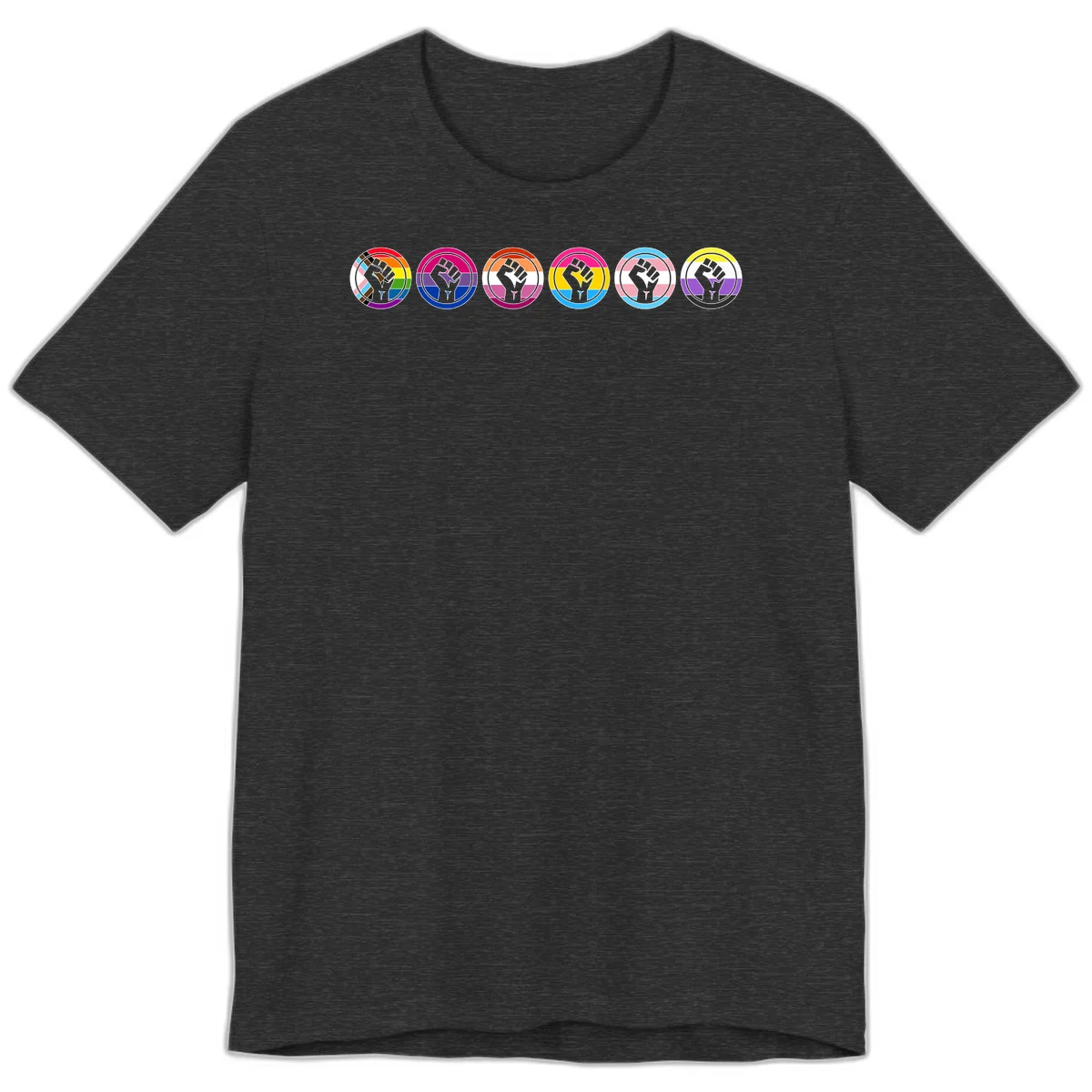 Raised fist symbol surrounded by concentric rainbow pride-colored circular rings representing LGBTQ+ unity and solidarity in Dark Grey Heather