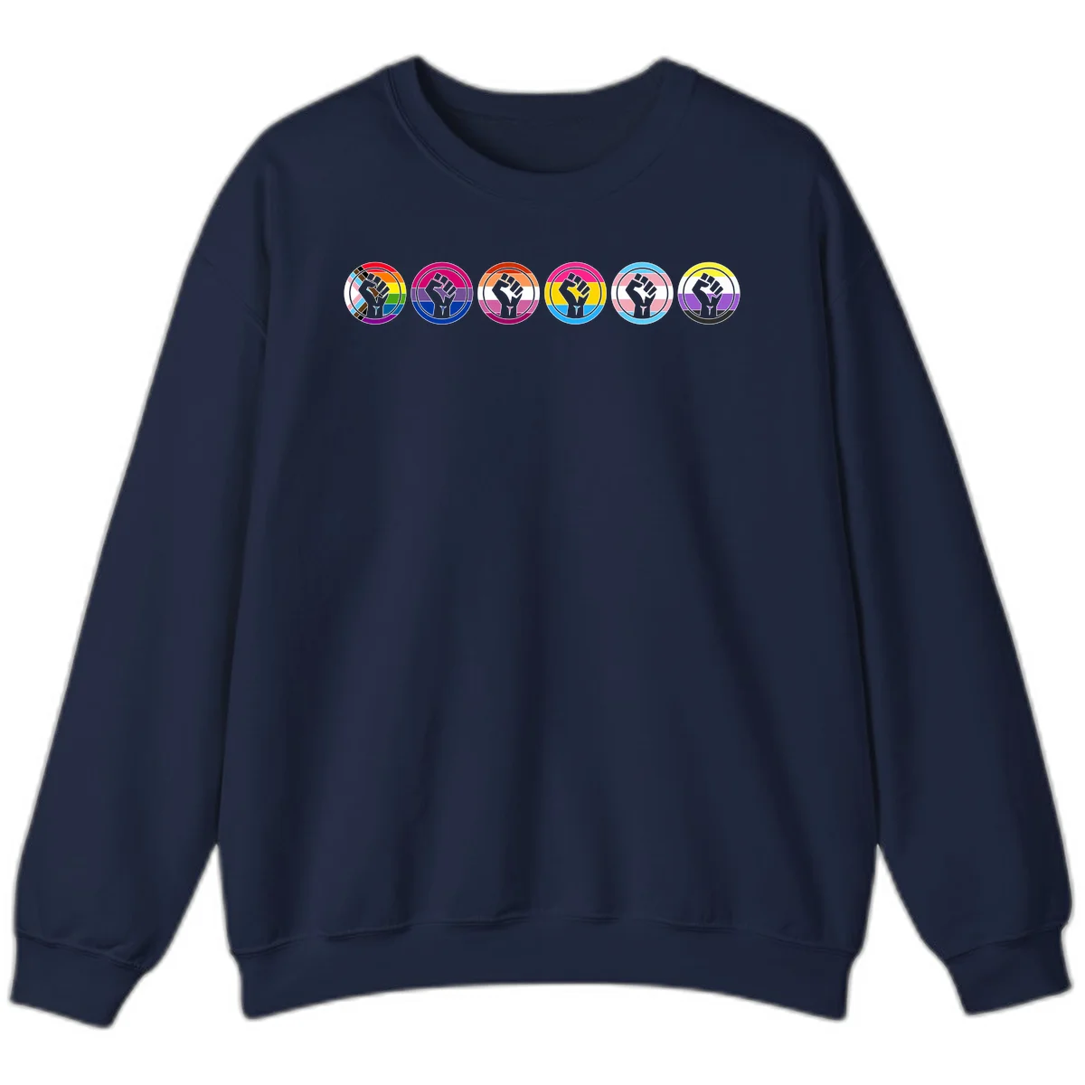 Raised fist symbol surrounded by concentric rainbow pride-colored circular rings representing LGBTQ+ unity and solidarity in Navy