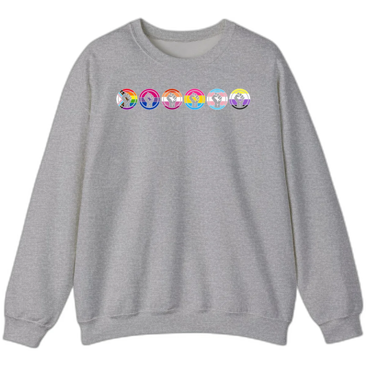 Raised fist symbol surrounded by concentric rainbow pride-colored circular rings representing LGBTQ+ unity and solidarity in Sport Grey