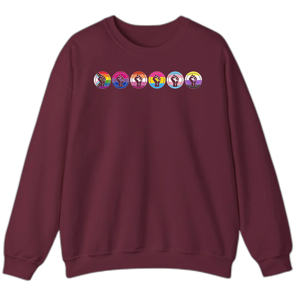 Raised fist symbol surrounded by concentric rainbow pride-colored circular rings representing LGBTQ+ unity and solidarity in Maroon