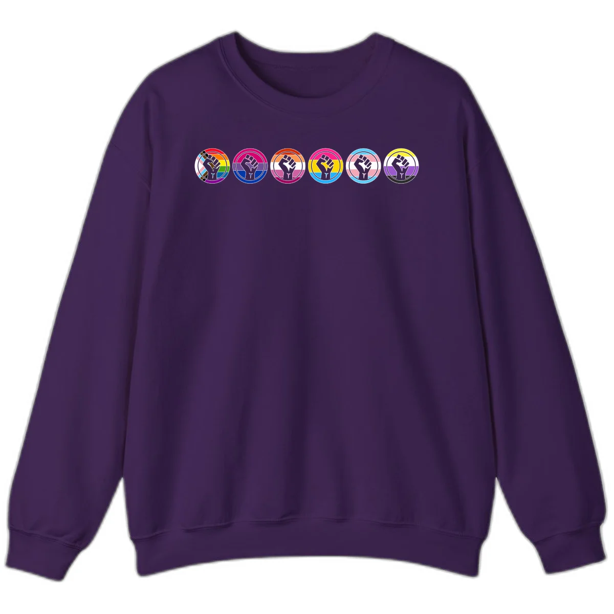 Raised fist symbol surrounded by concentric rainbow pride-colored circular rings representing LGBTQ+ unity and solidarity in Purple