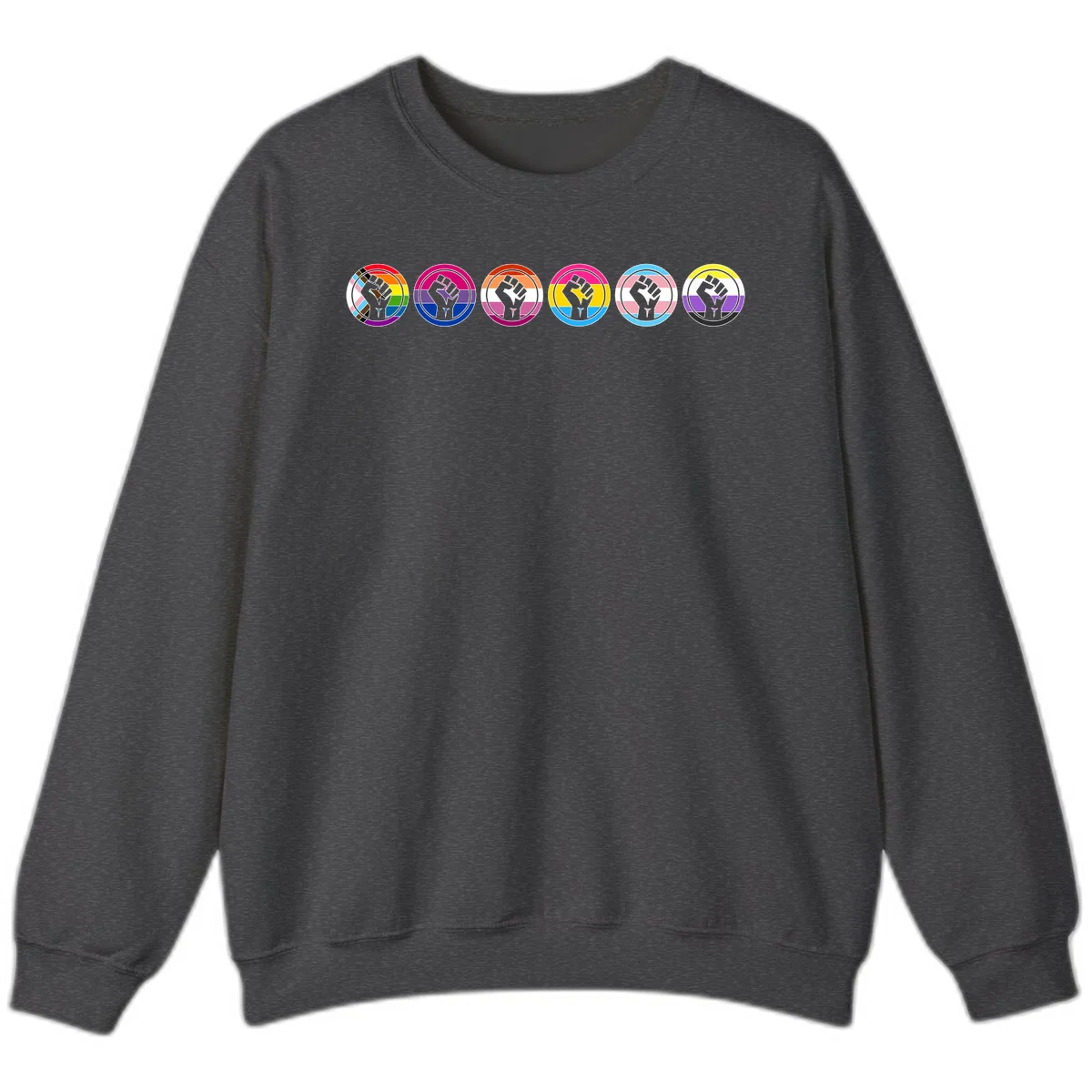 Raised fist symbol surrounded by concentric rainbow pride-colored circular rings representing LGBTQ+ unity and solidarity in Dark Heather