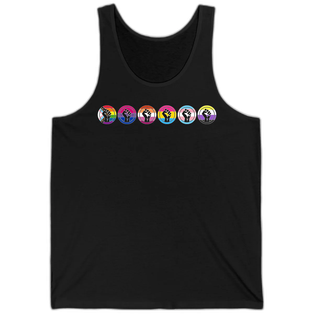 Raised fist symbol surrounded by concentric rainbow pride-colored circular rings representing LGBTQ+ unity and solidarity in Black