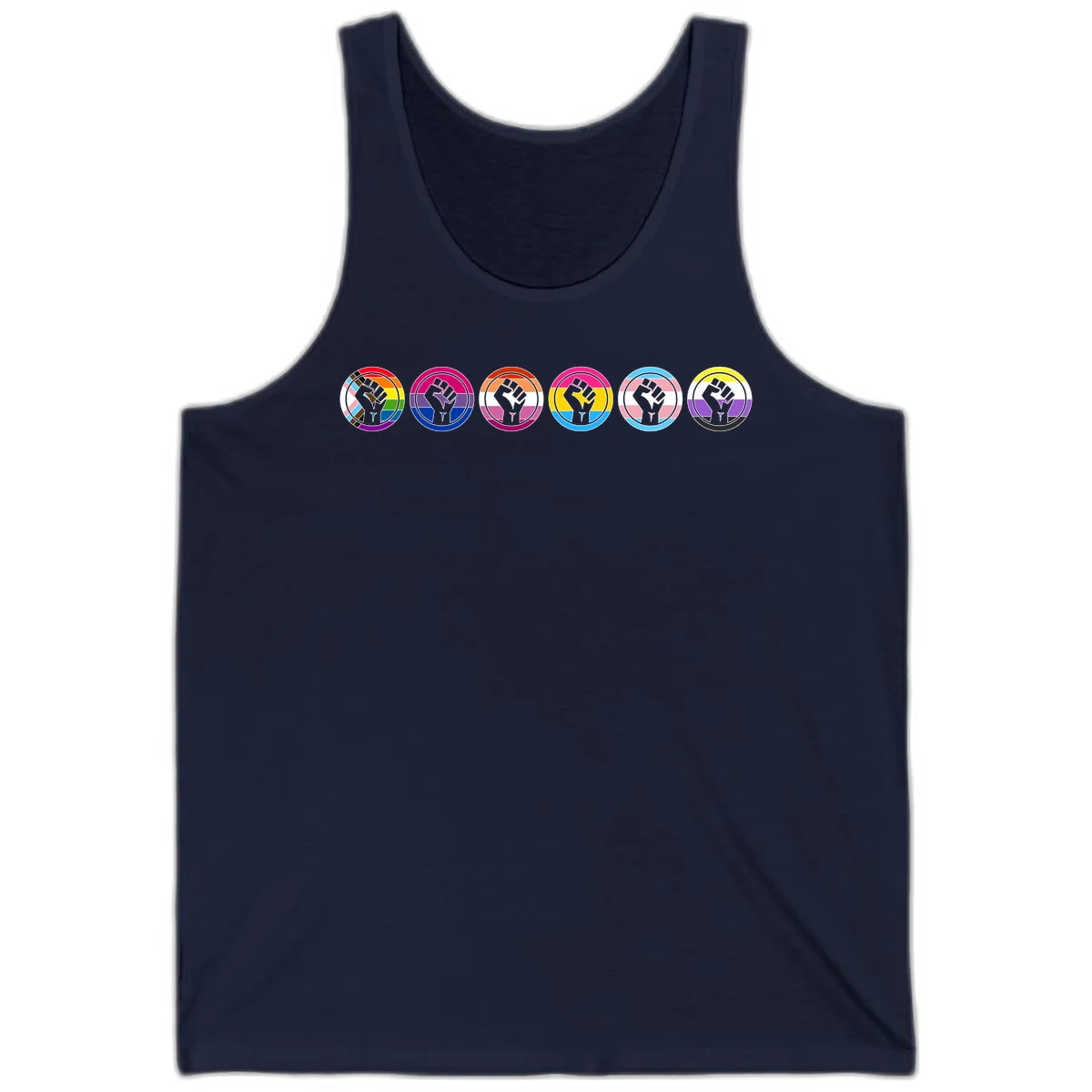 Raised fist symbol surrounded by concentric rainbow pride-colored circular rings representing LGBTQ+ unity and solidarity in Navy