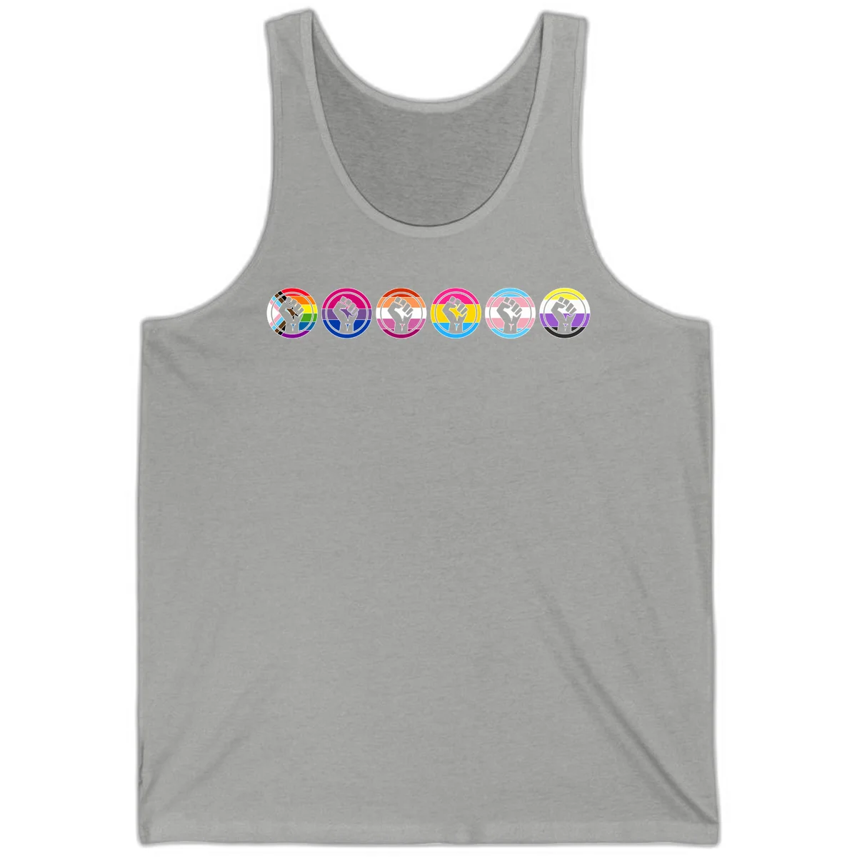 Raised fist symbol surrounded by concentric rainbow pride-colored circular rings representing LGBTQ+ unity and solidarity in Athletic Heather