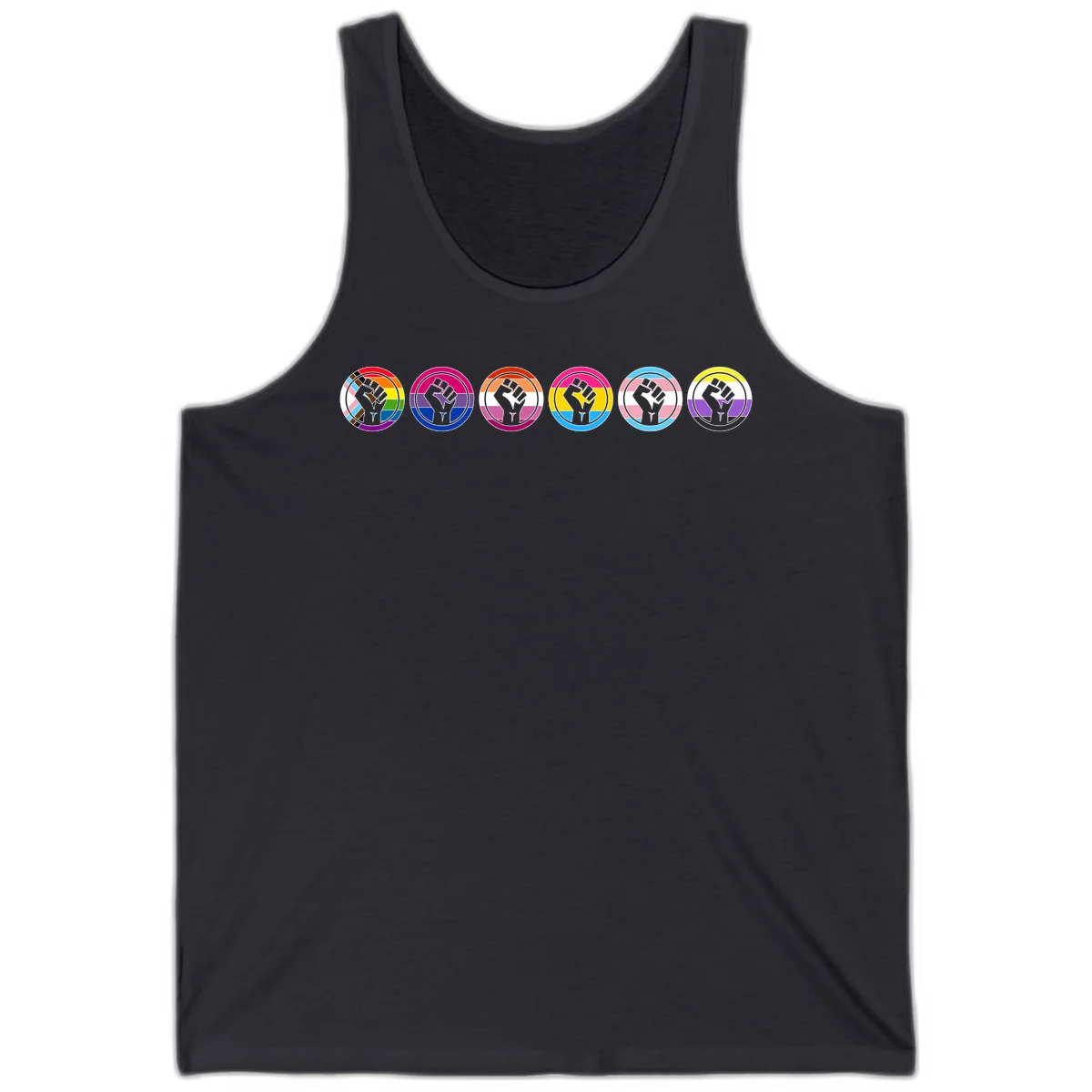 Raised fist symbol surrounded by concentric rainbow pride-colored circular rings representing LGBTQ+ unity and solidarity in Dark Grey
