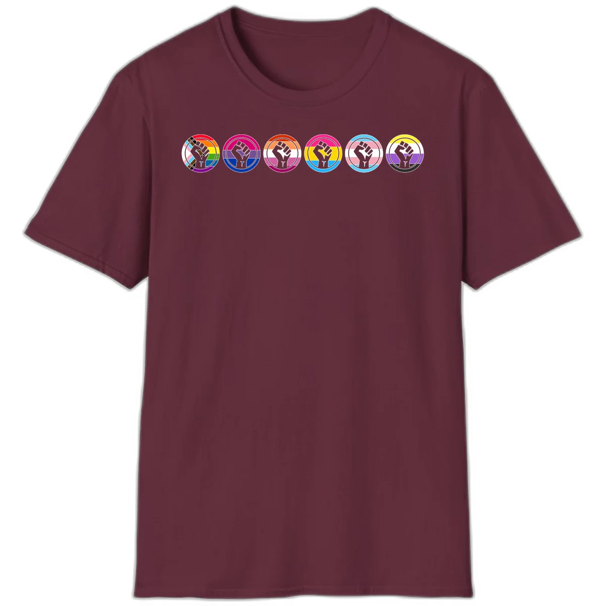 Raised fist symbol surrounded by concentric rainbow pride-colored circular rings representing LGBTQ+ unity and solidarity in Maroon