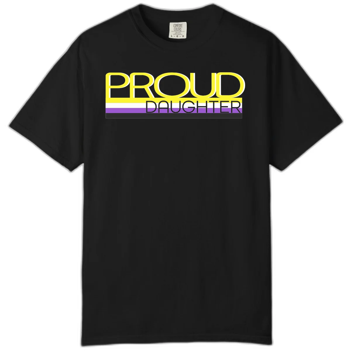 Proud daughter pride flag design with yellow text and lesbian pride stripes in yellow, white, and purple horizontal bands in Black