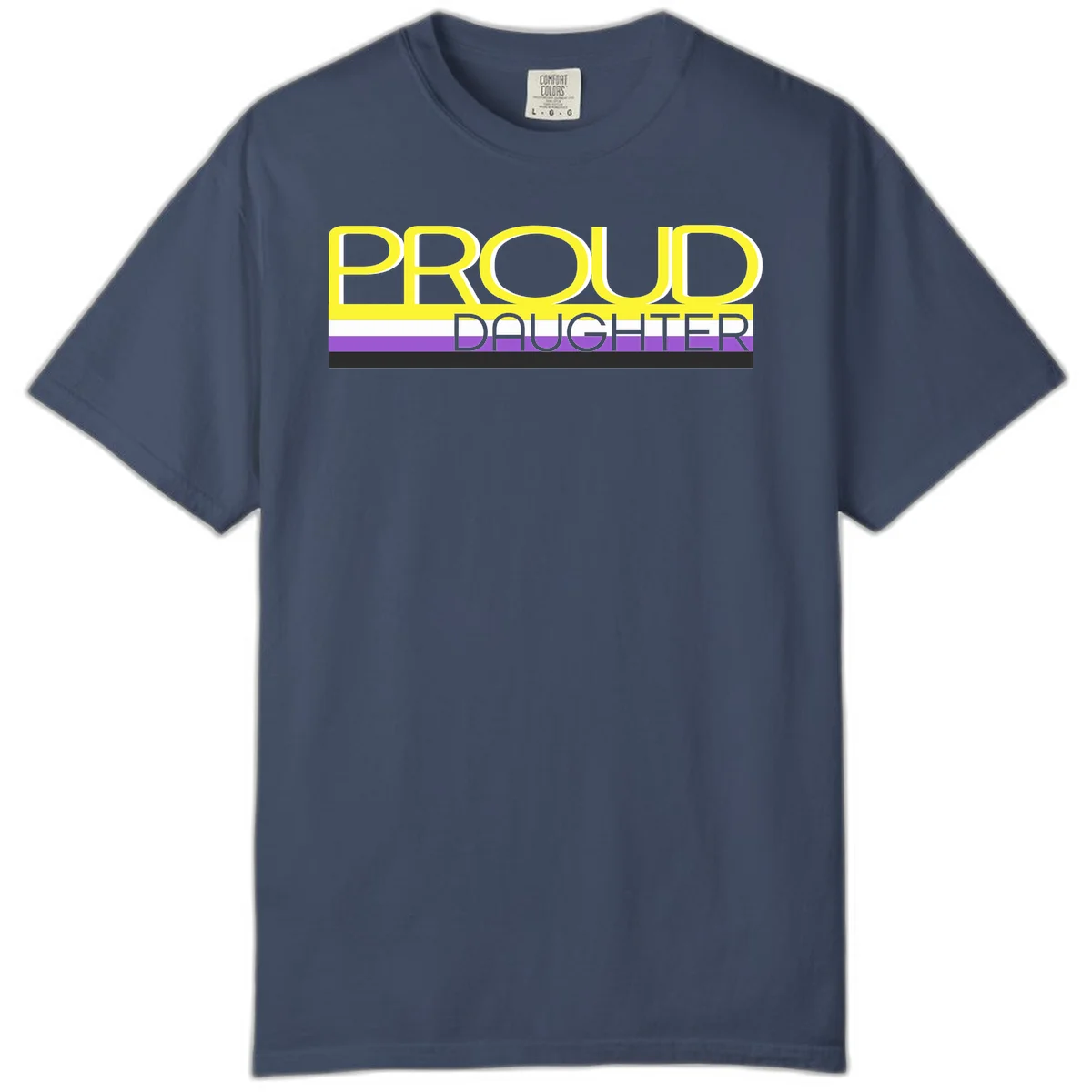 Proud daughter pride flag design with yellow text and lesbian pride stripes in yellow, white, and purple horizontal bands in Midnight
