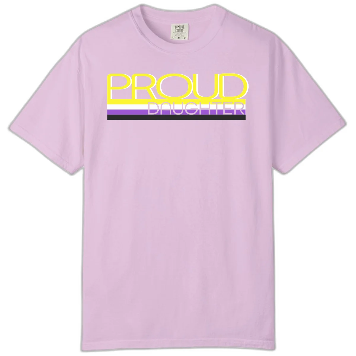 Proud daughter pride flag design with yellow text and lesbian pride stripes in yellow, white, and purple horizontal bands in Orchid