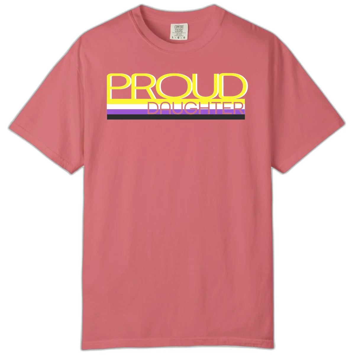 Proud daughter pride flag design with yellow text and lesbian pride stripes in yellow, white, and purple horizontal bands in Watermelon