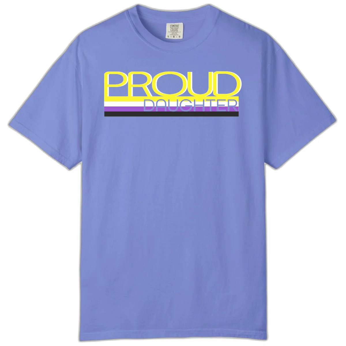 Proud daughter pride flag design with yellow text and lesbian pride stripes in yellow, white, and purple horizontal bands in Flo Blue