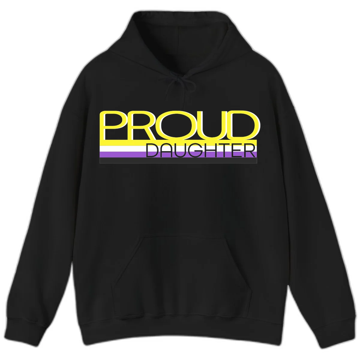 Proud daughter pride flag design with yellow text and lesbian pride stripes in yellow, white, and purple horizontal bands in Black