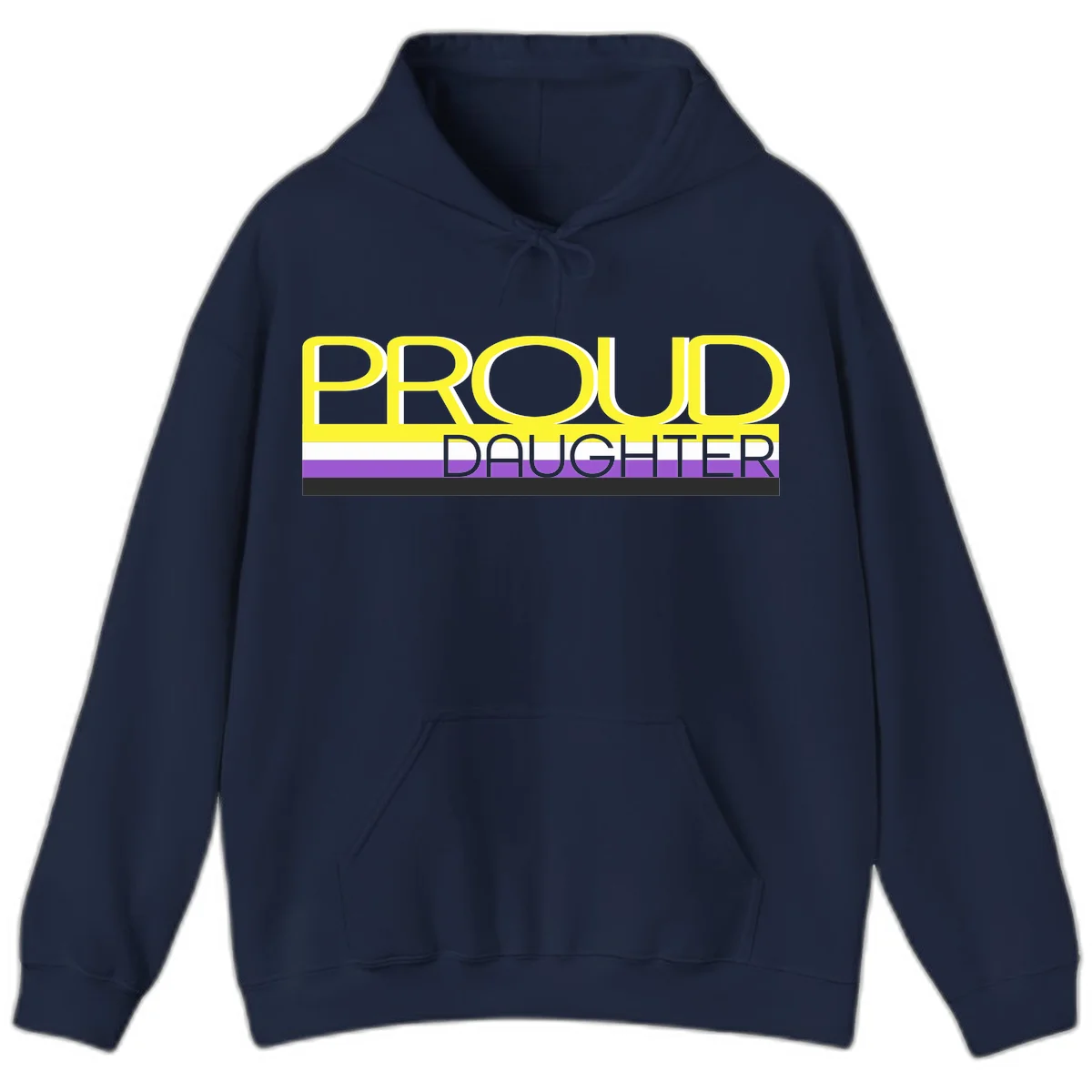 Proud daughter pride flag design with yellow text and lesbian pride stripes in yellow, white, and purple horizontal bands in Navy