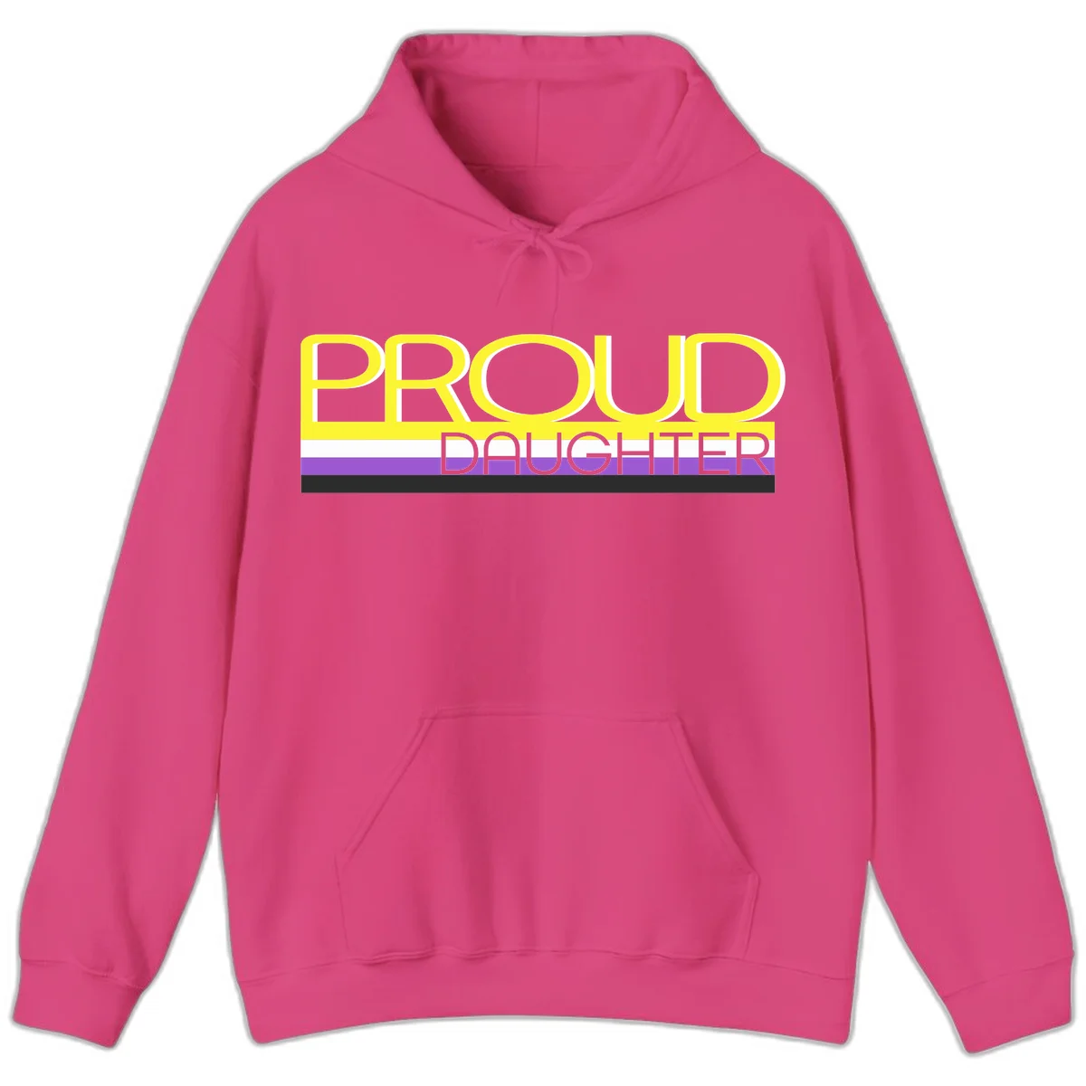 Proud daughter pride flag design with yellow text and lesbian pride stripes in yellow, white, and purple horizontal bands in Heliconia