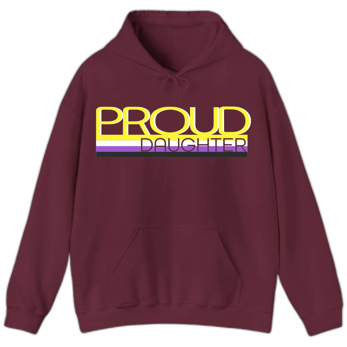 Proud daughter pride flag design with yellow text and lesbian pride stripes in yellow, white, and purple horizontal bands in Maroon