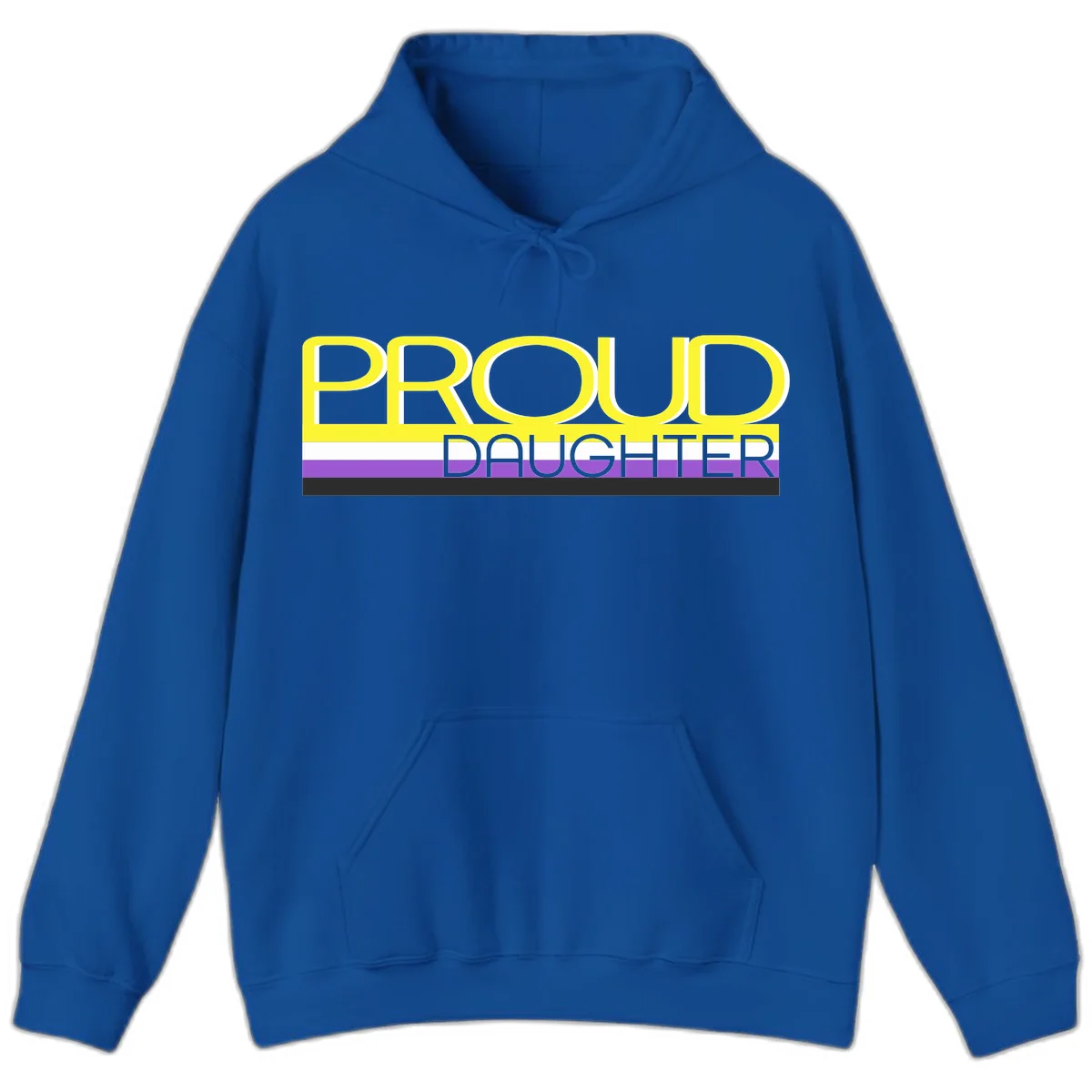 Proud daughter pride flag design with yellow text and lesbian pride stripes in yellow, white, and purple horizontal bands in Royal