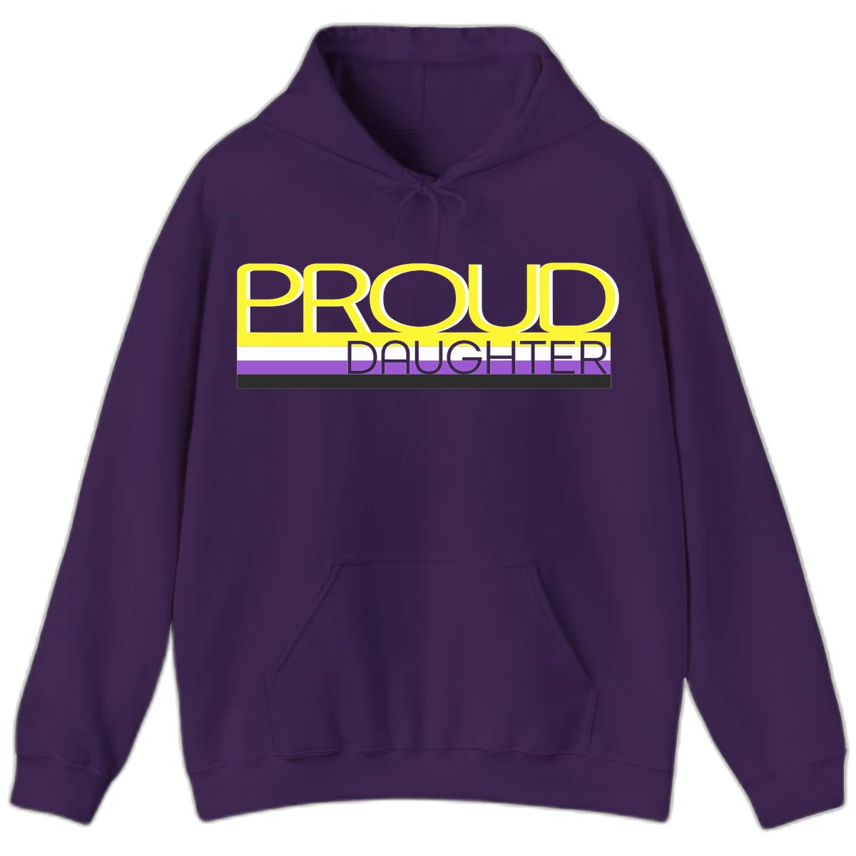 Proud daughter pride flag design with yellow text and lesbian pride stripes in yellow, white, and purple horizontal bands in Purple