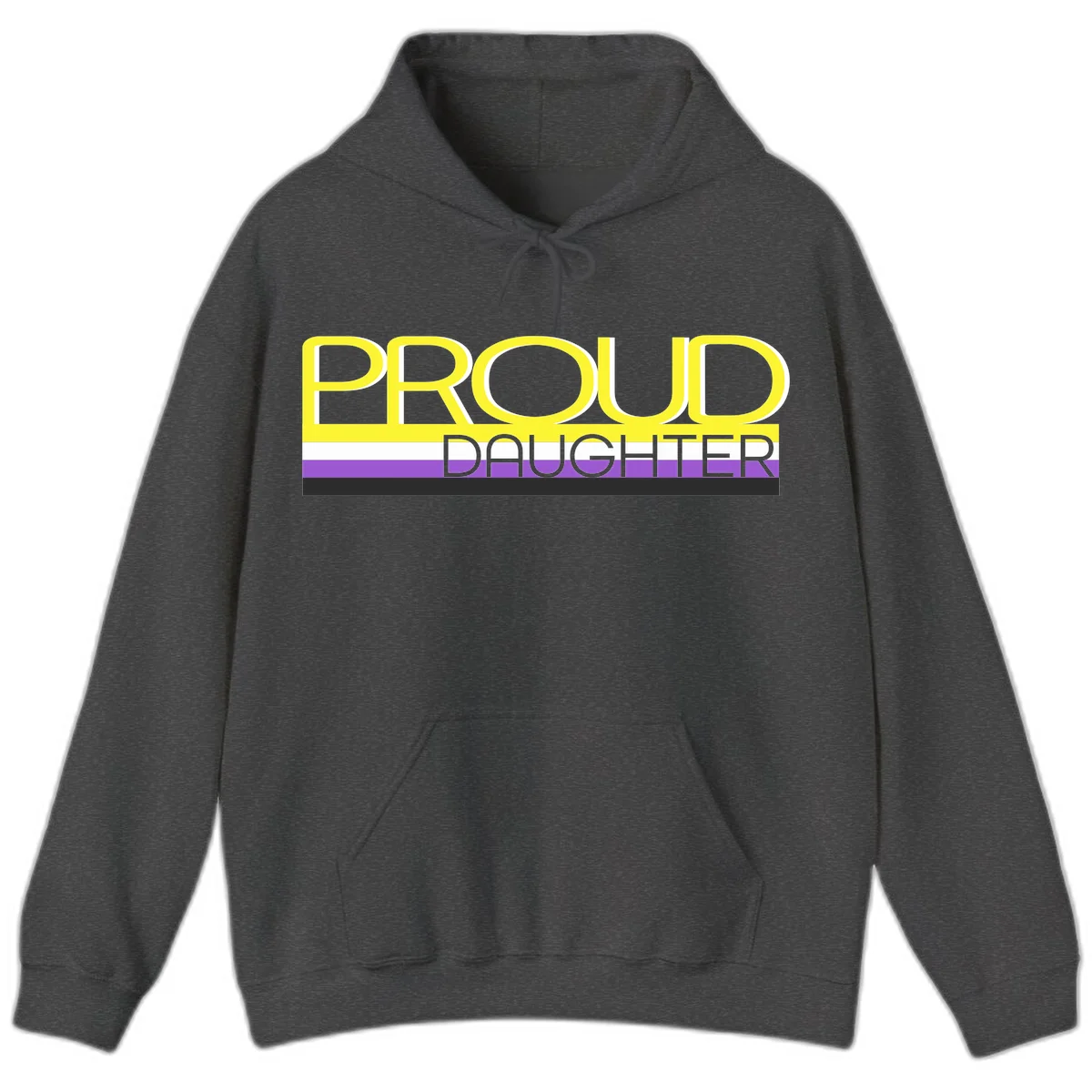 Proud daughter pride flag design with yellow text and lesbian pride stripes in yellow, white, and purple horizontal bands in Dark Heather