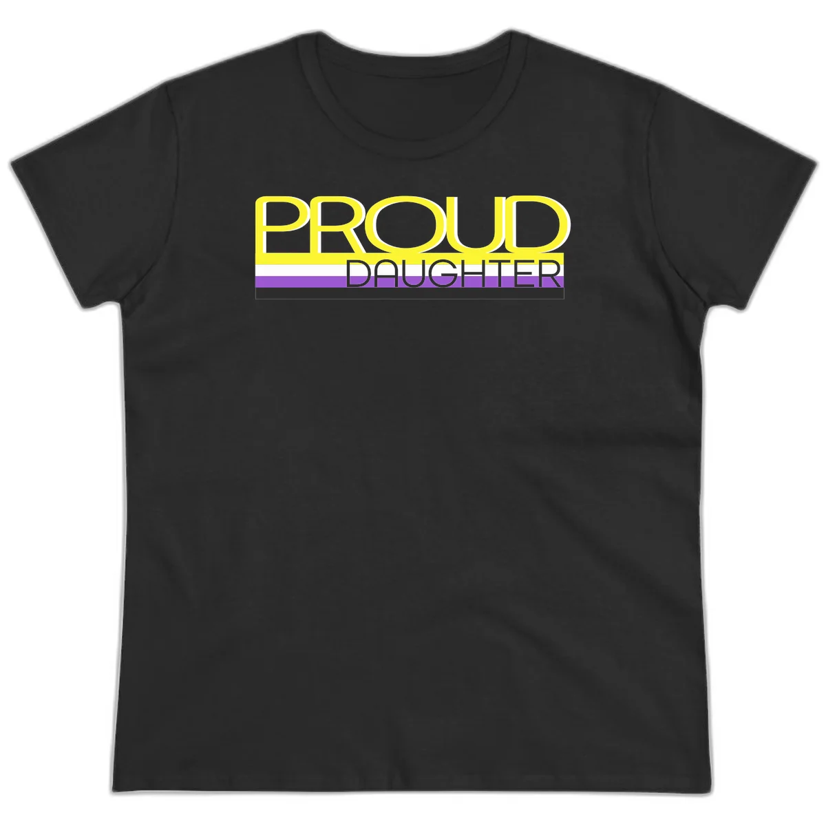Proud daughter pride flag design with yellow text and lesbian pride stripes in yellow, white, and purple horizontal bands in Black