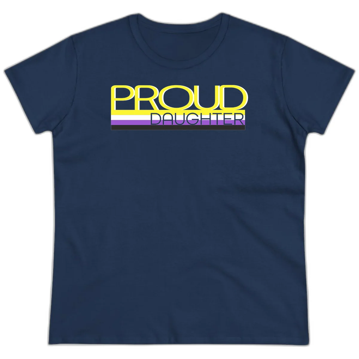 Proud daughter pride flag design with yellow text and lesbian pride stripes in yellow, white, and purple horizontal bands in Navy