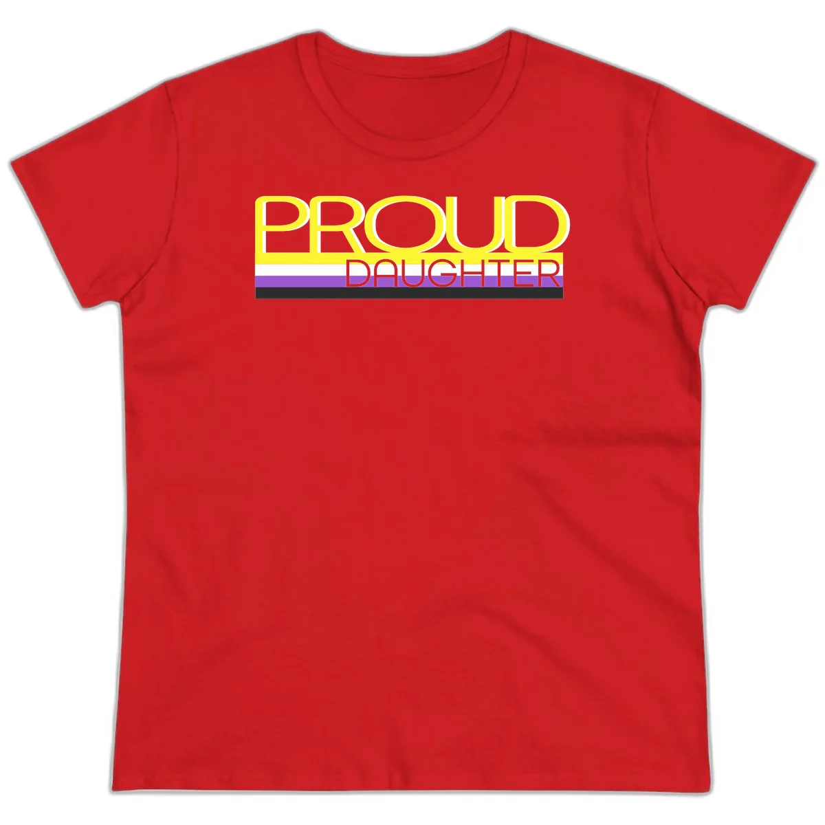 Proud daughter pride flag design with yellow text and lesbian pride stripes in yellow, white, and purple horizontal bands in Red