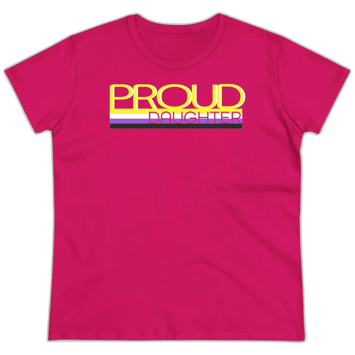 Proud daughter pride flag design with yellow text and lesbian pride stripes in yellow, white, and purple horizontal bands in Heliconia