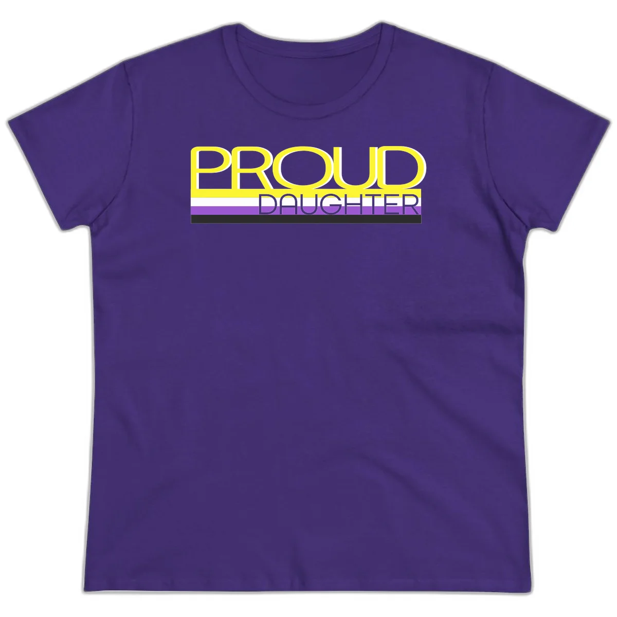 Proud daughter pride flag design with yellow text and lesbian pride stripes in yellow, white, and purple horizontal bands in Purple