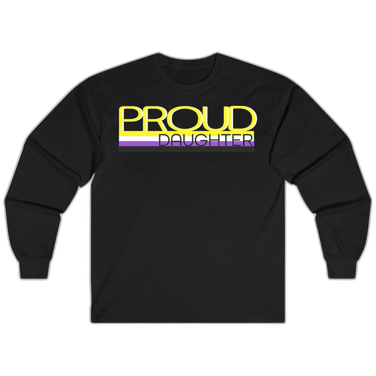 Proud daughter pride flag design with yellow text and lesbian pride stripes in yellow, white, and purple horizontal bands in Black