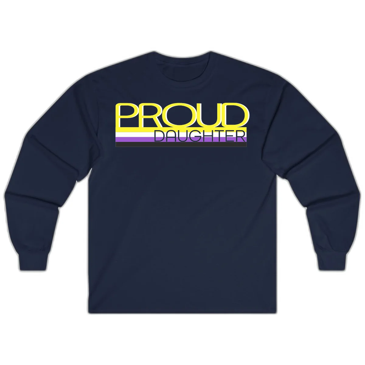 Proud daughter pride flag design with yellow text and lesbian pride stripes in yellow, white, and purple horizontal bands in Navy