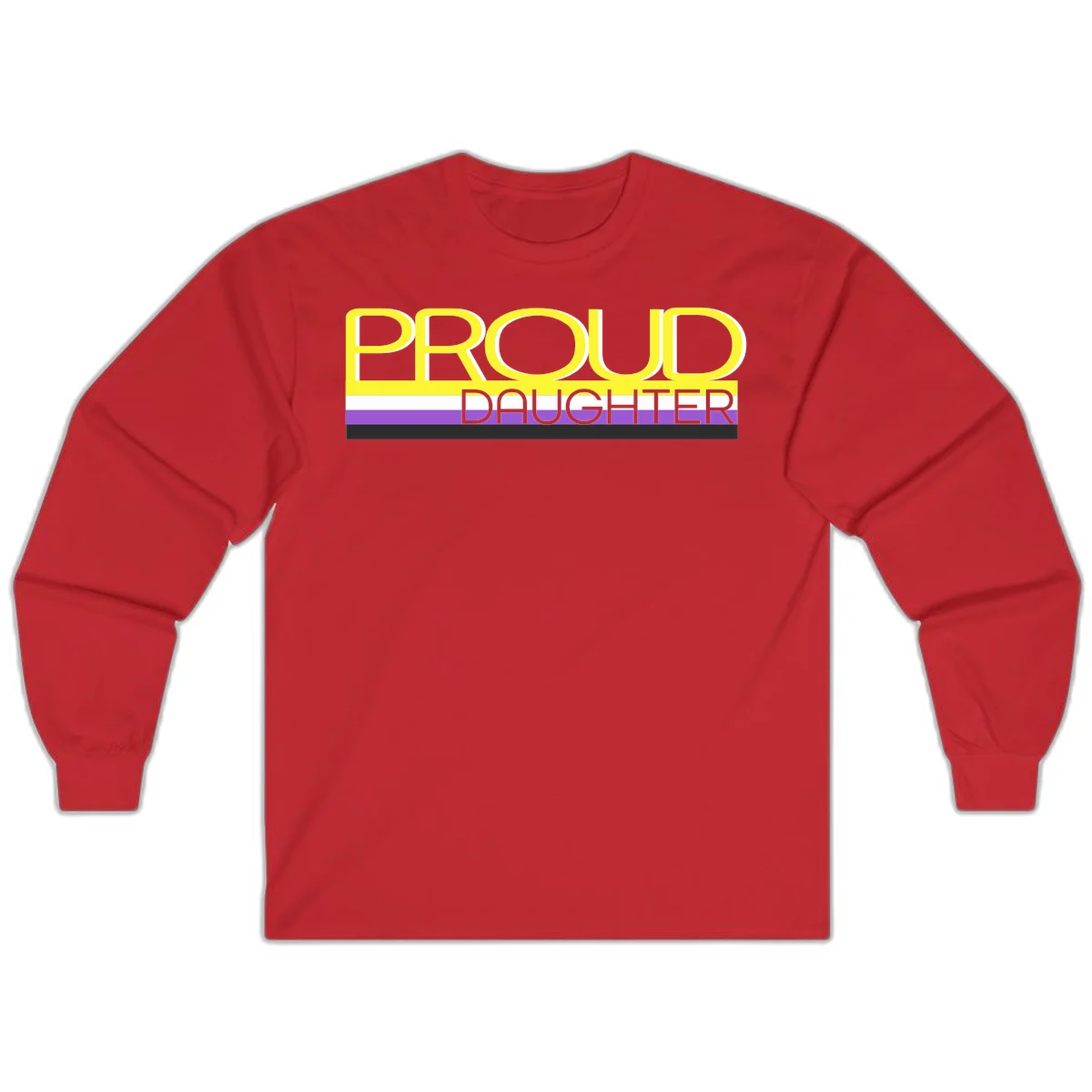 Proud daughter pride flag design with yellow text and lesbian pride stripes in yellow, white, and purple horizontal bands in Red