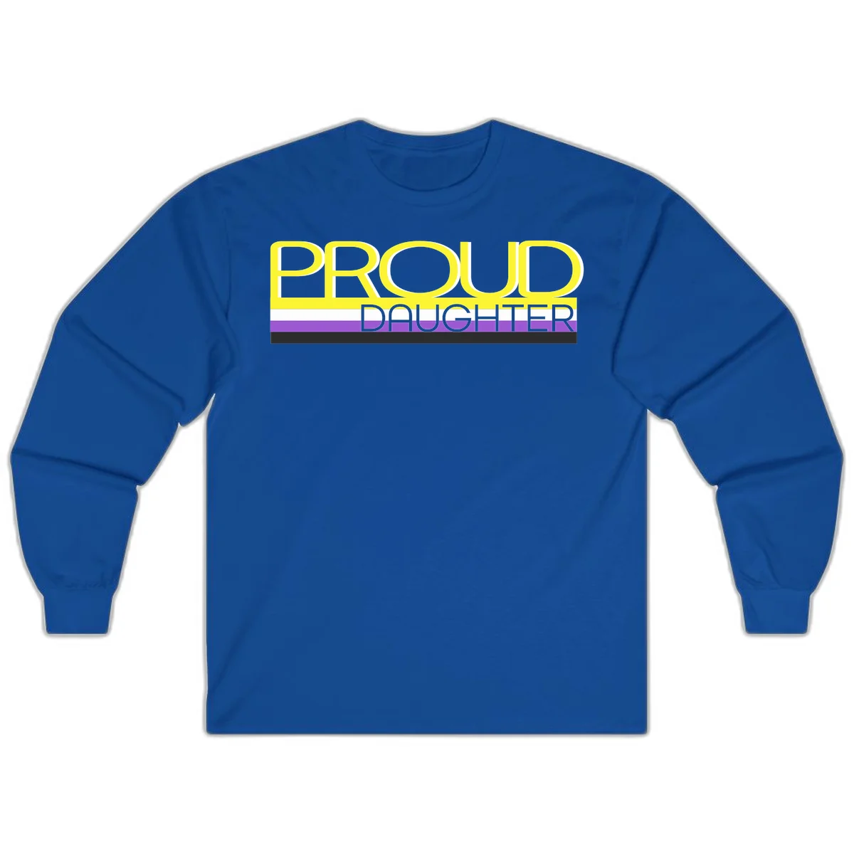 Proud daughter pride flag design with yellow text and lesbian pride stripes in yellow, white, and purple horizontal bands in Royal