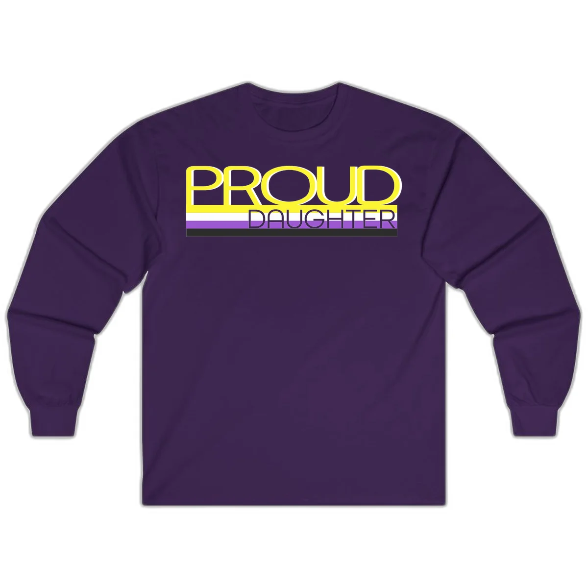 Proud daughter pride flag design with yellow text and lesbian pride stripes in yellow, white, and purple horizontal bands in Purple