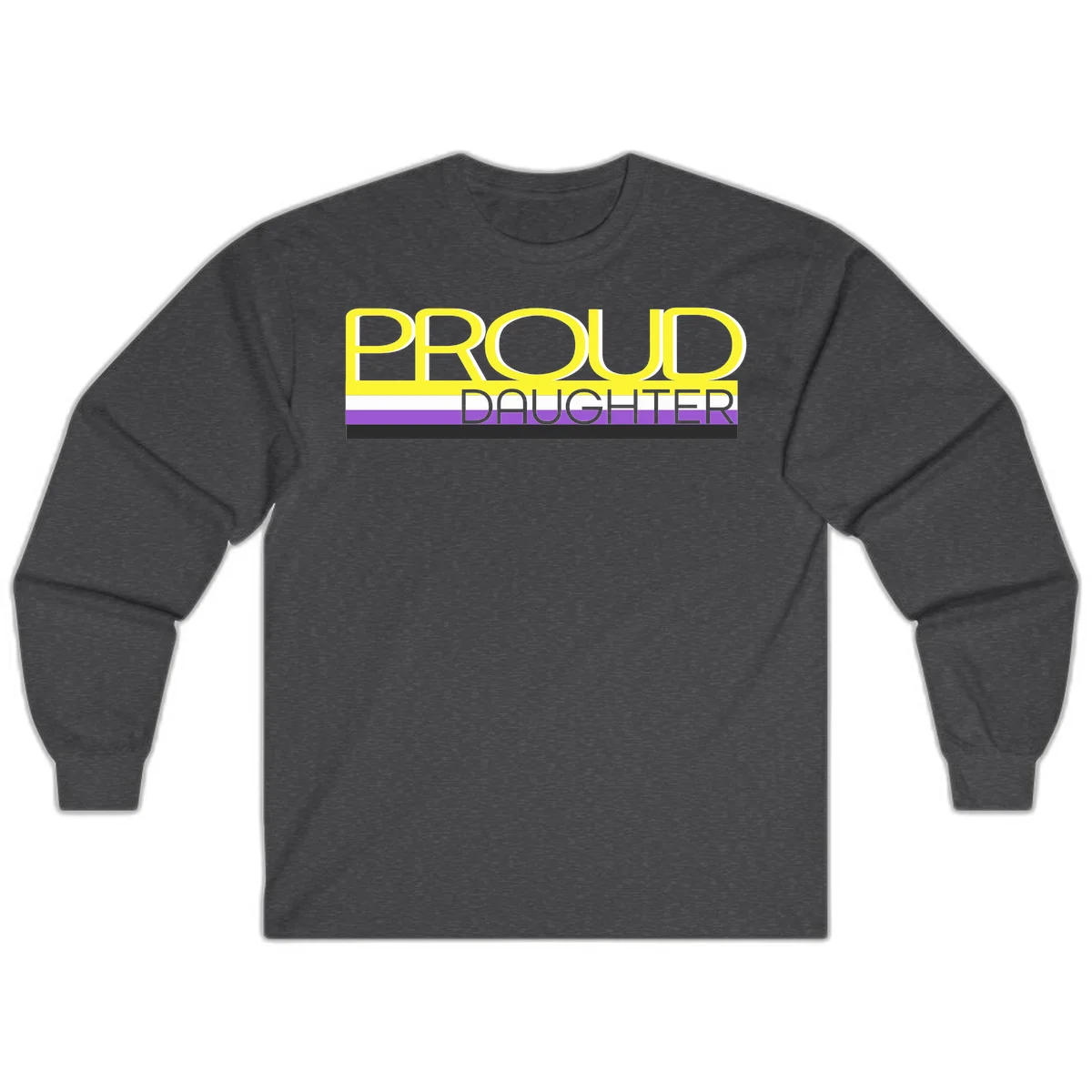Proud daughter pride flag design with yellow text and lesbian pride stripes in yellow, white, and purple horizontal bands in Dark Heather