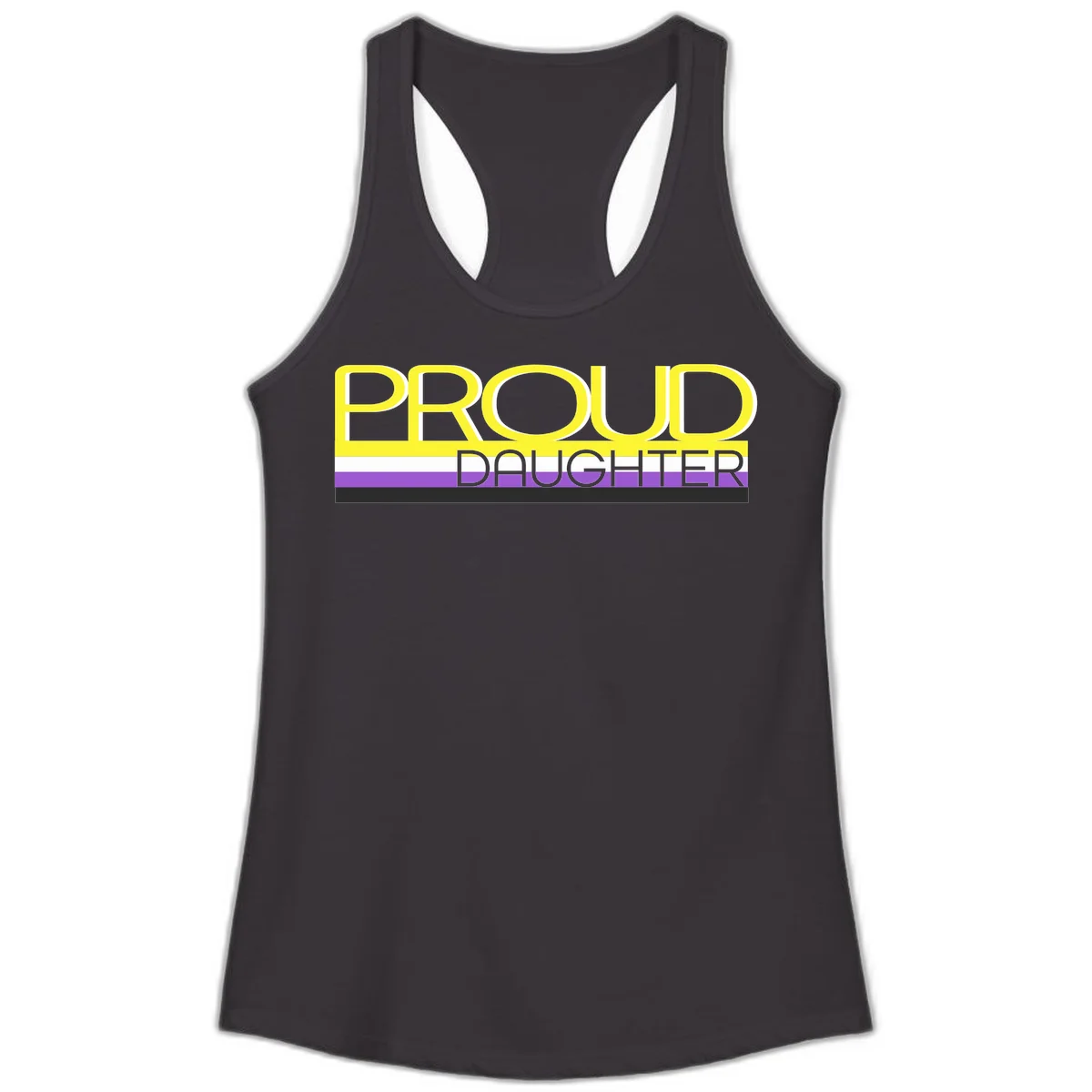 Proud daughter pride flag design with yellow text and lesbian pride stripes in yellow, white, and purple horizontal bands in Black