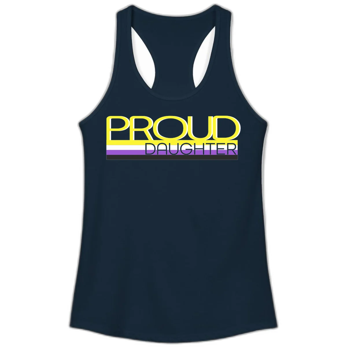 Proud daughter pride flag design with yellow text and lesbian pride stripes in yellow, white, and purple horizontal bands in Solid Midnight Navy