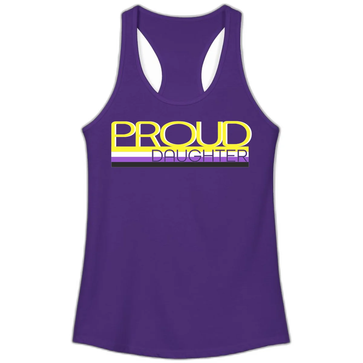Proud daughter pride flag design with yellow text and lesbian pride stripes in yellow, white, and purple horizontal bands in Solid Purple Rush