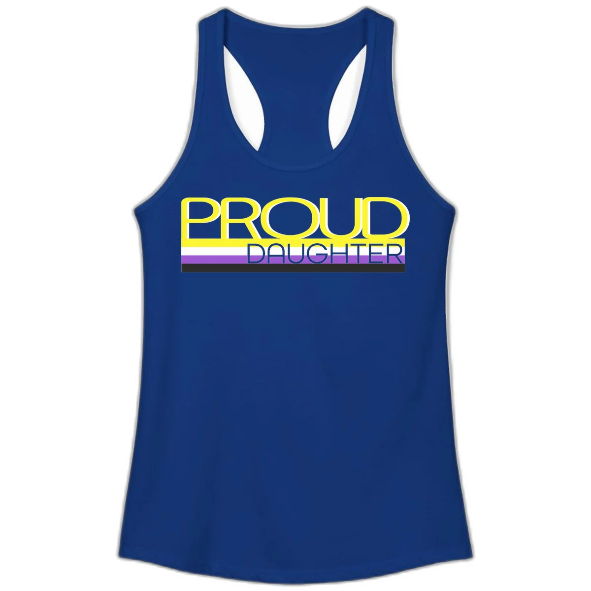 Proud daughter pride flag design with yellow text and lesbian pride stripes in yellow, white, and purple horizontal bands in Solid Royal