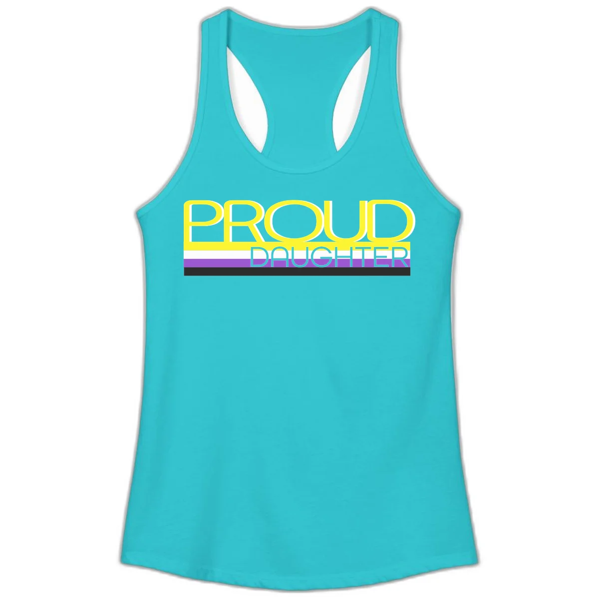 Proud daughter pride flag design with yellow text and lesbian pride stripes in yellow, white, and purple horizontal bands in Solid Tahiti Blue