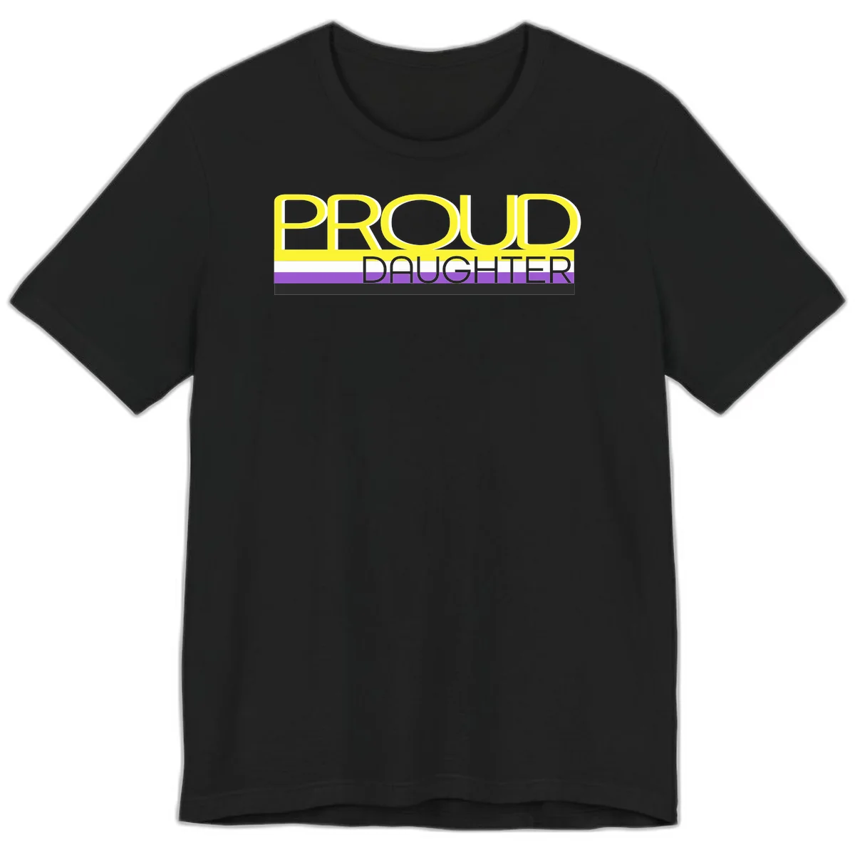 Proud daughter pride flag design with yellow text and lesbian pride stripes in yellow, white, and purple horizontal bands in Black