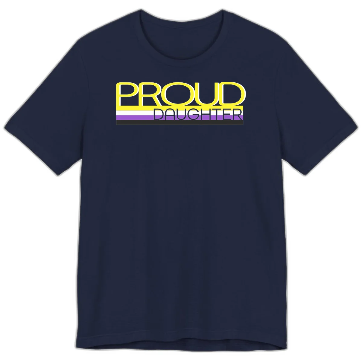 Proud daughter pride flag design with yellow text and lesbian pride stripes in yellow, white, and purple horizontal bands in Navy