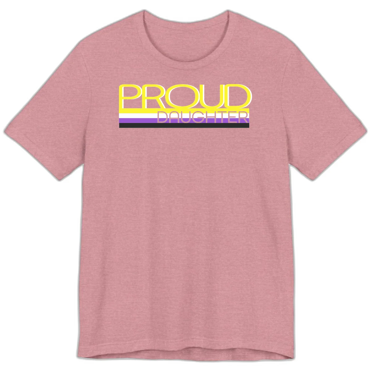 Proud daughter pride flag design with yellow text and lesbian pride stripes in yellow, white, and purple horizontal bands in Heather Orchid
