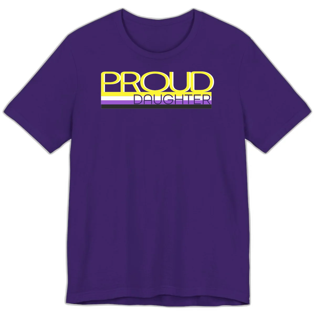 Proud daughter pride flag design with yellow text and lesbian pride stripes in yellow, white, and purple horizontal bands in Team Purple