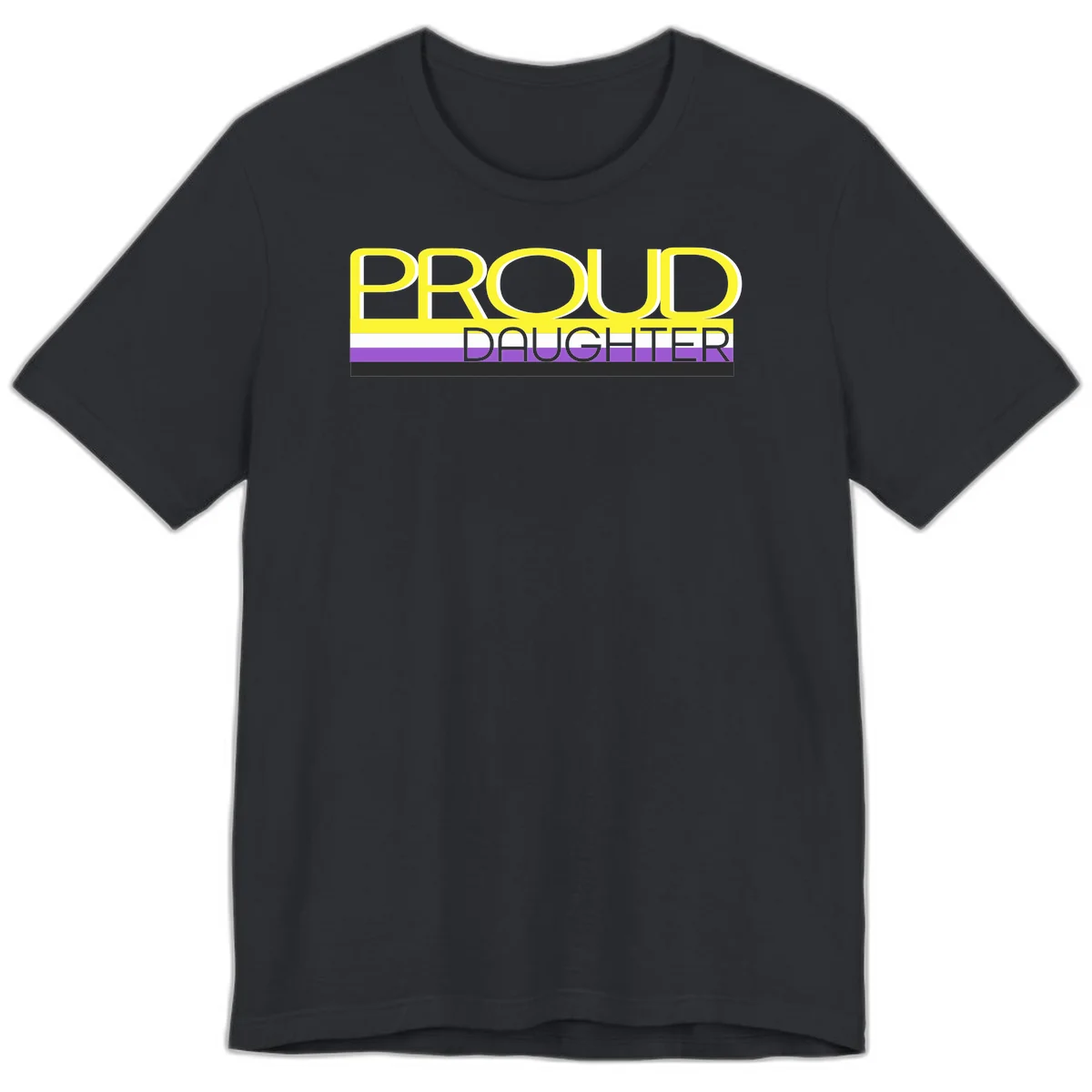 Proud daughter pride flag design with yellow text and lesbian pride stripes in yellow, white, and purple horizontal bands in Vintage Black
