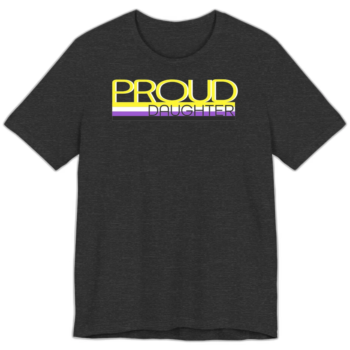 Proud daughter pride flag design with yellow text and lesbian pride stripes in yellow, white, and purple horizontal bands in Dark Grey Heather