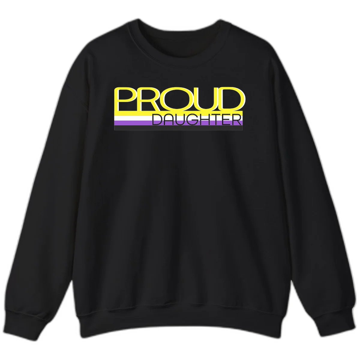 Proud daughter pride flag design with yellow text and lesbian pride stripes in yellow, white, and purple horizontal bands in Black
